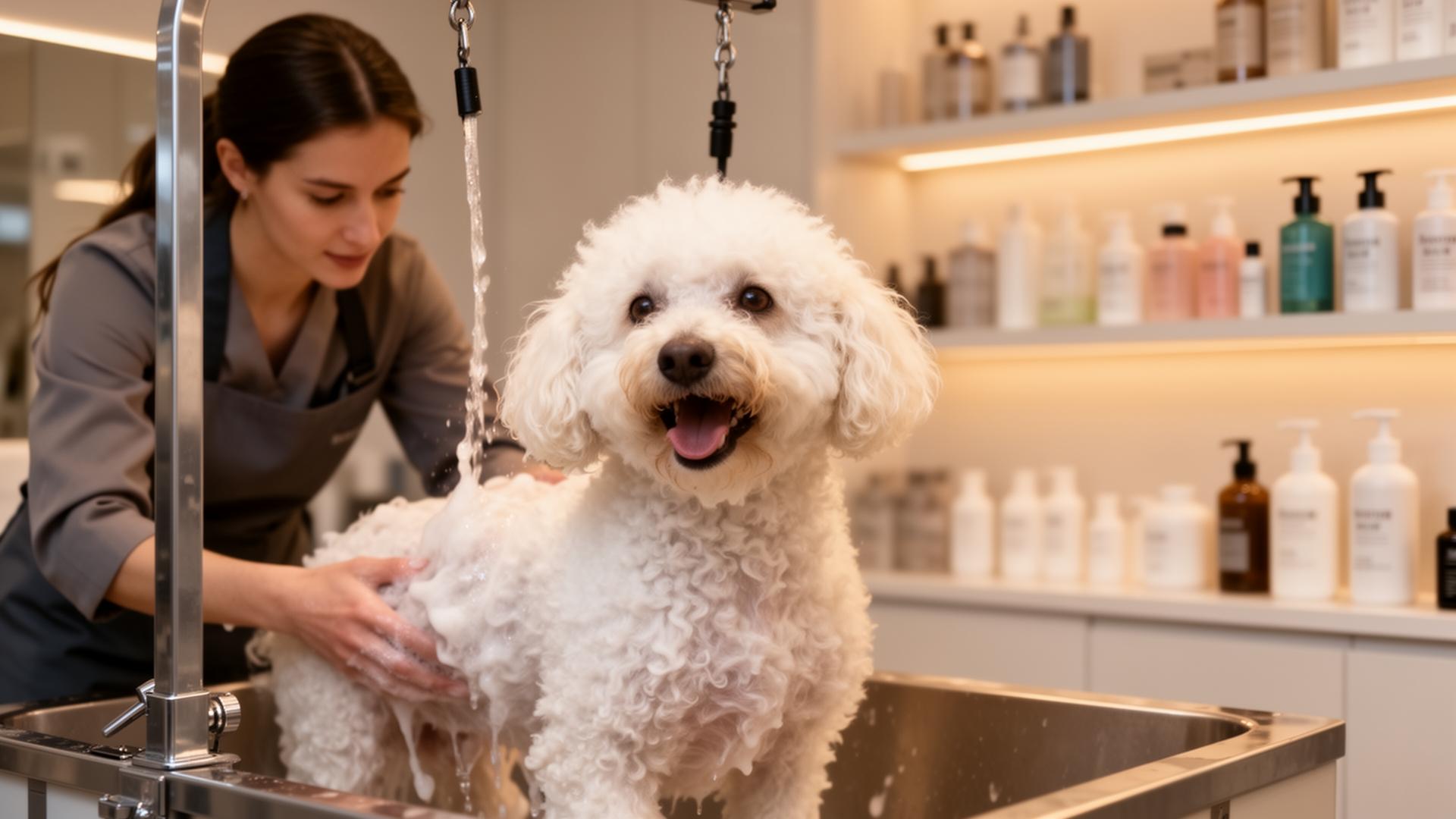 Profissional de banho e tosa cuidando de um cão