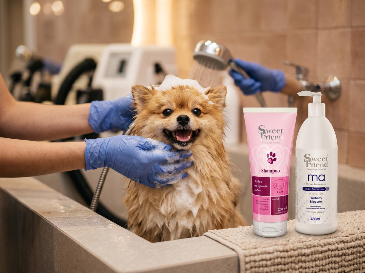 Groomer profissional dando banho em pomerânia com produtos Sweet Friend
