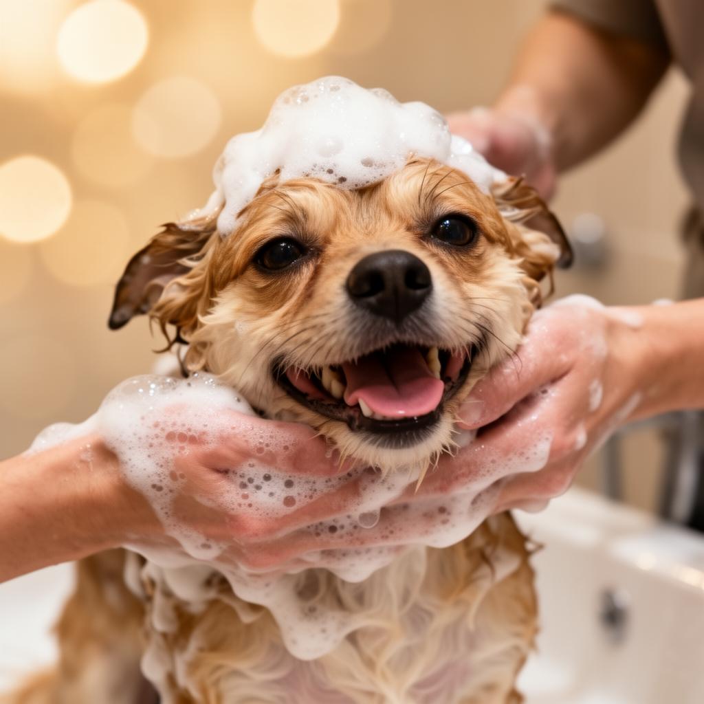 Cão recebendo banho profissional